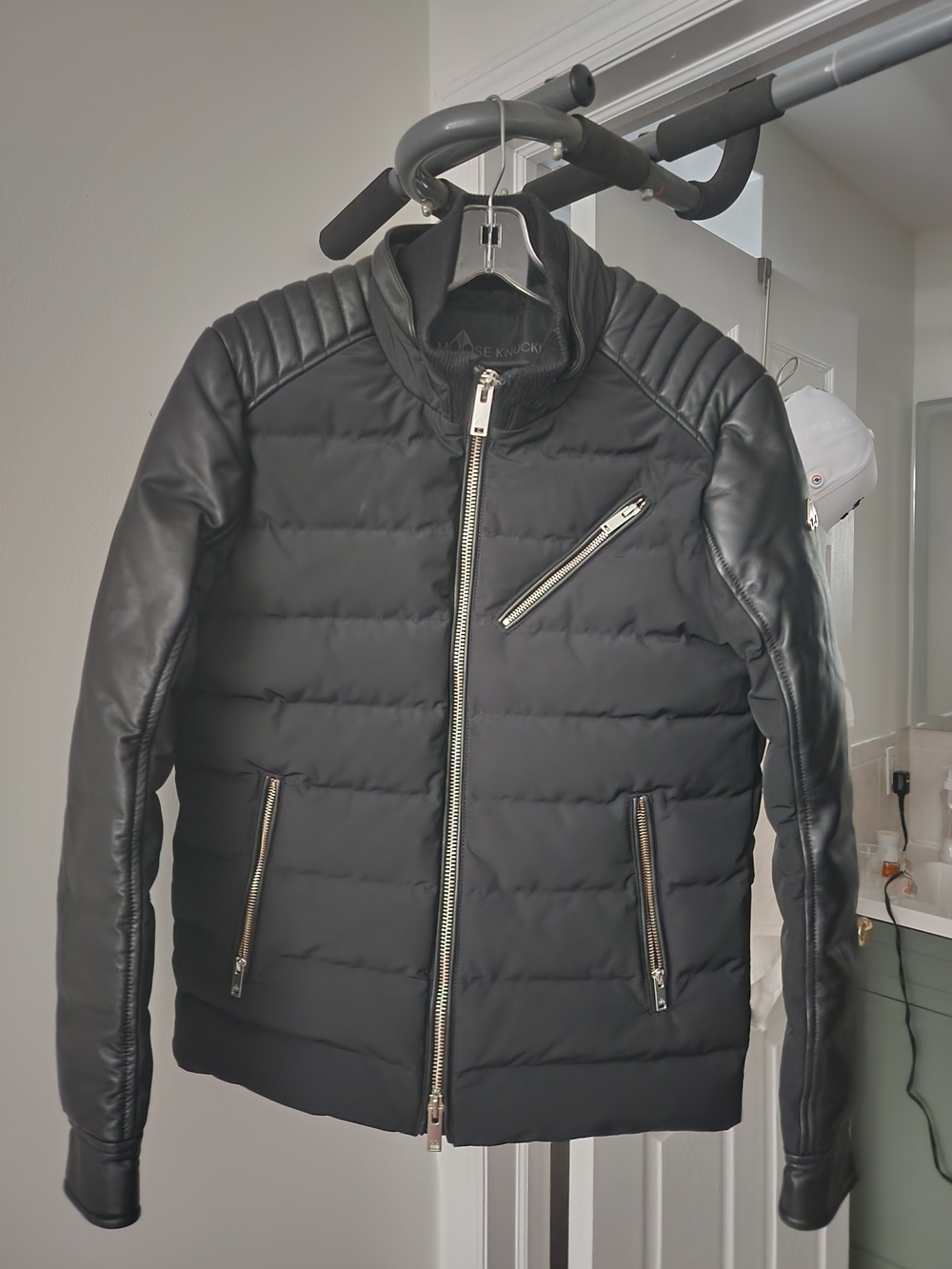 Moose Knuckles Black Quilted Moto Jacket with Leather-Style Sleeves